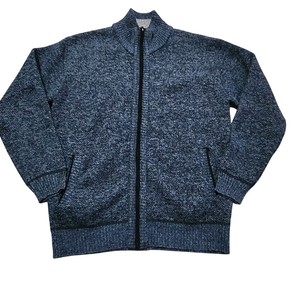 Mens Blue Marled Full Zip Knit Cardigan Sweater Plaid Fleece Lined Mock Neck L
